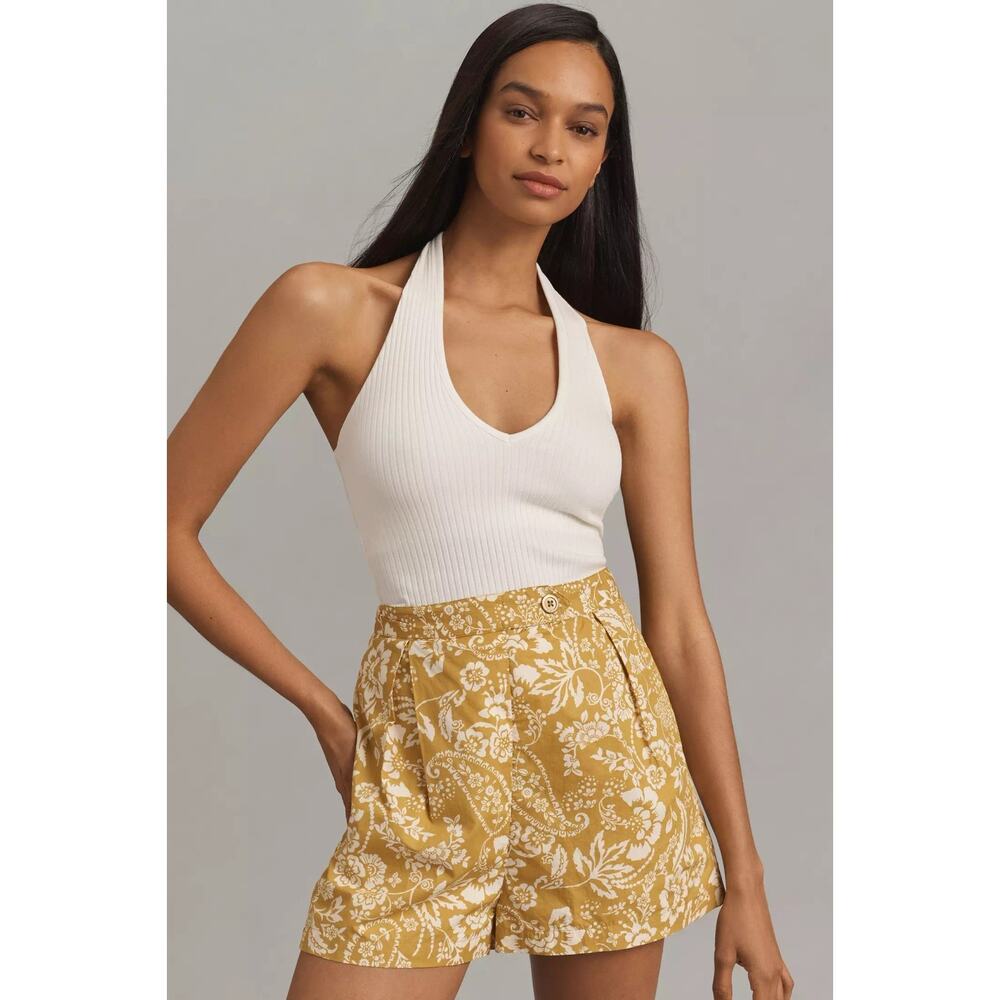 Anthropologie Maeve Floral Yelow Pleated Poplin Shorts 4